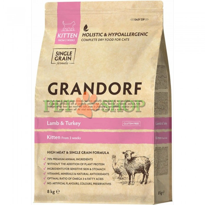 <p><strong>Grandorf Cat Kitten Lamb & Turkey &mdash;&nbsp;это&nbsp;гипоаллергенный рацион с ягненком и индейкой&nbsp;для котят старше 3 недель, а также кормящих и беременных кошек.&nbsp;</strong></p>