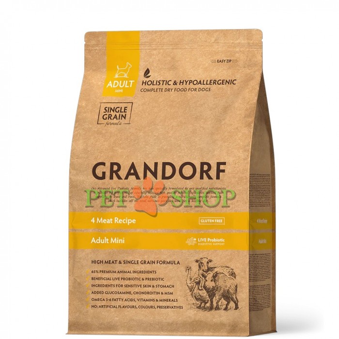 <p>Grandorf Adult Mini 4 Meat -&nbsp;для взрослых собак мелких пород с&nbsp;нормальной активностью, чувствительным пищеварением или склонных к&nbsp;аллергии.</p>