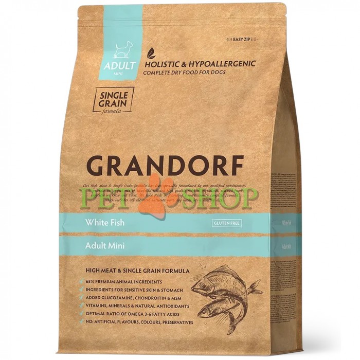 <p>Grandorf Adult Mini&nbsp;White Fish - pentru c&acirc;ini adulți de talie mică, cu activitate normală, digestie sensibilă sau cu tendință la alergii.</p>