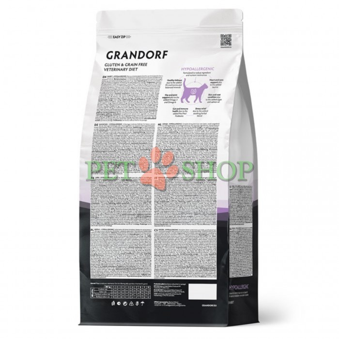 <p><strong>Grandorf Veterinary Diet Cat Hypoallergenic - </strong>полнорационный диетический корм для кошек, применяемый при пищевой аллергии или пищевой непереносимости. Формула на основе гидролизованного белка кролика.</p>