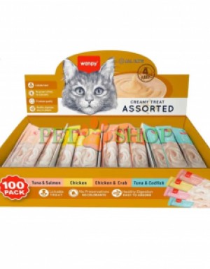 <p><strong>Wanpy 1400 gr&nbsp;Кремовое лакомство, ассорти 4 вкуса, 100 шт</strong>&nbsp;- этот мега-пак представляет собой <strong>ассорти-микс из 4 популярных вкусов<!--TgQPHd|||[]--></strong> (обычно по 25 штук каждого по 14 гр): курица, курица с крабом, тунец с треской и тунец с лососем.</p>