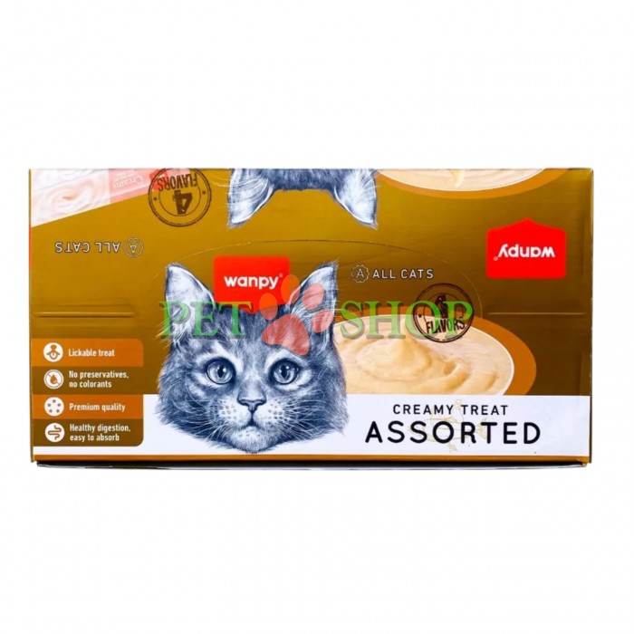 <p><strong>Wanpy 1400 gr&nbsp;Кремовое лакомство, ассорти 4 вкуса, 100 шт</strong>&nbsp;- этот мега-пак представляет собой <strong>ассорти-микс из 4 популярных вкусов<!--TgQPHd|||[]--></strong> (обычно по 25 штук каждого по 14 гр): курица, курица с крабом, тунец с треской и тунец с лососем.</p>