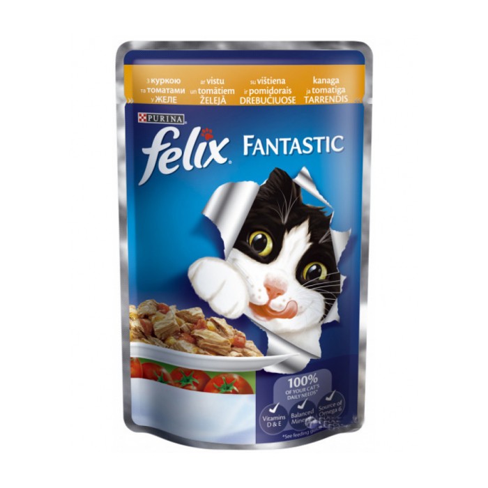 <p><strong>Влажный корм Purina Felix Аппетитные кусочки для кошек с курицей и томатами, пауч, 100 гр</strong></p>