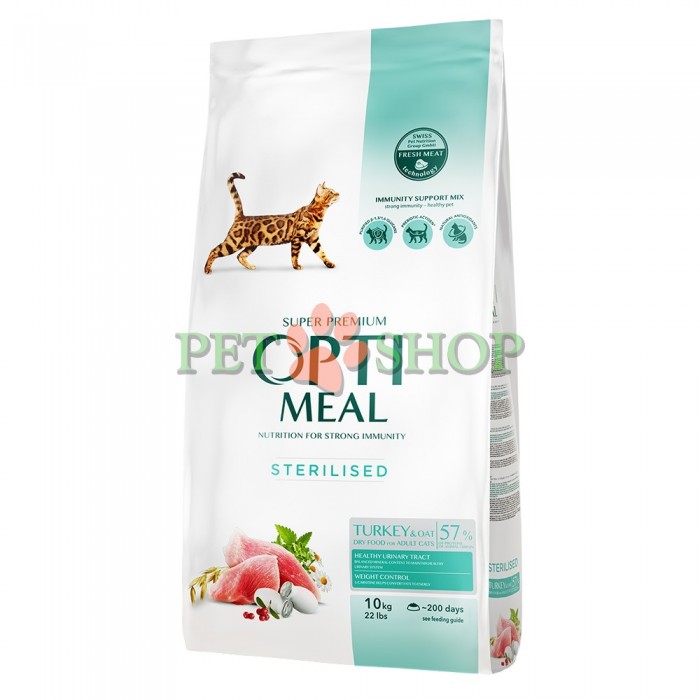 <p>Optimeal Adult Cat Sterilised Turkey & Oats&nbsp;&ndash; hrană uscată super premium pentru pisici sterilizate și castrate cu v&acirc;rsta cuprinsă &icirc;ntre 12 luni și 11 ani.</p>