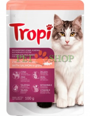 <p>Влажный корм <strong>Tropi with salmon 100 г в соусе</strong> для кошек с говядиной - влажные аппетитные кусочки корма имеют приятный вкус и полезный состав.</p>