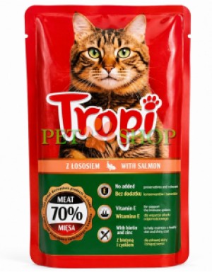 <p>Влажный корм <strong>Tropi with salmon 100 г в соусе</strong> для кошек с говядиной -&nbsp;влажные аппетитные кусочки корма имеют приятный вкус и полезный состав.</p>