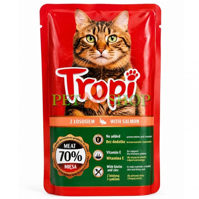 <p><strong>Tropi with salmon&nbsp;100 gr</strong>&nbsp;&icirc;n sos &ndash; hrană umedă pentru pisici cu carne de somon &ndash; bucățele apetisante de hrană umedă, cu un gust plăcut și o compoziție benefică.</p>