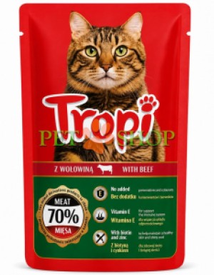 <p>Влажный корм <strong>Tropi with beef 100 г в соусе</strong> для кошек с говядиной -&nbsp;влажные аппетитные кусочки корма имеют приятный вкус и полезный состав.</p>