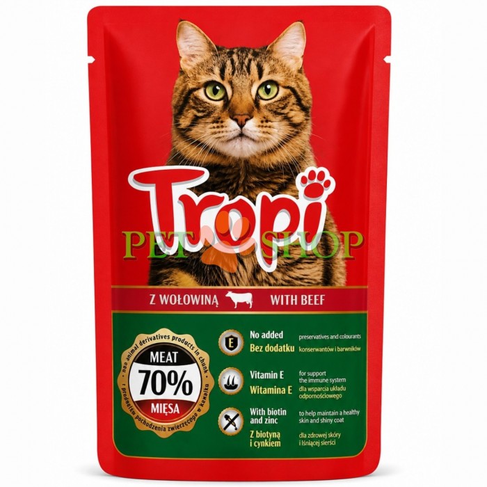 <p><strong>Tropi with beef 100 gr</strong>&nbsp;&icirc;n sos &ndash; hrană umedă pentru pisici cu carne de vită &ndash; bucățele apetisante de hrană umedă, cu un gust plăcut și o compoziție benefică.</p>