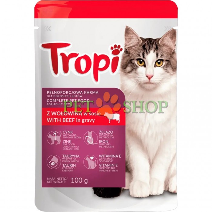 <p><strong>Tropi with beef 100 gr</strong>&nbsp;&icirc;n sos &ndash; hrană umedă pentru pisici cu carne de vită &ndash; bucățele apetisante de hrană umedă, cu un gust plăcut și o compoziție benefică.</p>