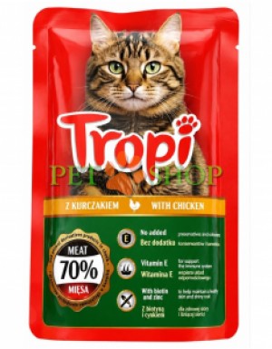 <p><strong>Tropi with poultry 100 gr</strong>&nbsp;&icirc;n sos &ndash; hrană umedă pentru pisici cu carne de pui &ndash; bucățele apetisante de hrană umedă, cu un gust plăcut și o compoziție benefică.</p>