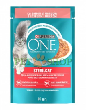 <p><strong>Hrana umeda pentru pisici Purina One Sterilcat, Mini Fileuri In Sos, Somon & Morcovi 85 gr</strong></p>