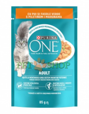 <p><strong>Hrana umeda pentru pisici Purina One Adult, Mini Fileuri cu Pui & Fasole Verde In Sos 85 gr</strong></p>